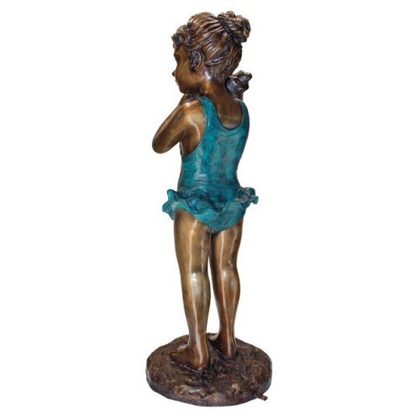 Girl Sea Shell Sounds Bronze Garden Statue Listening to Ocean